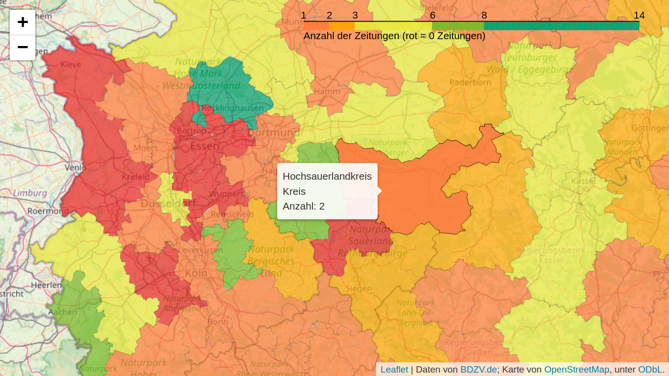 Karte der Anzahl von Zeitungen eines Landkreises in Deutschland